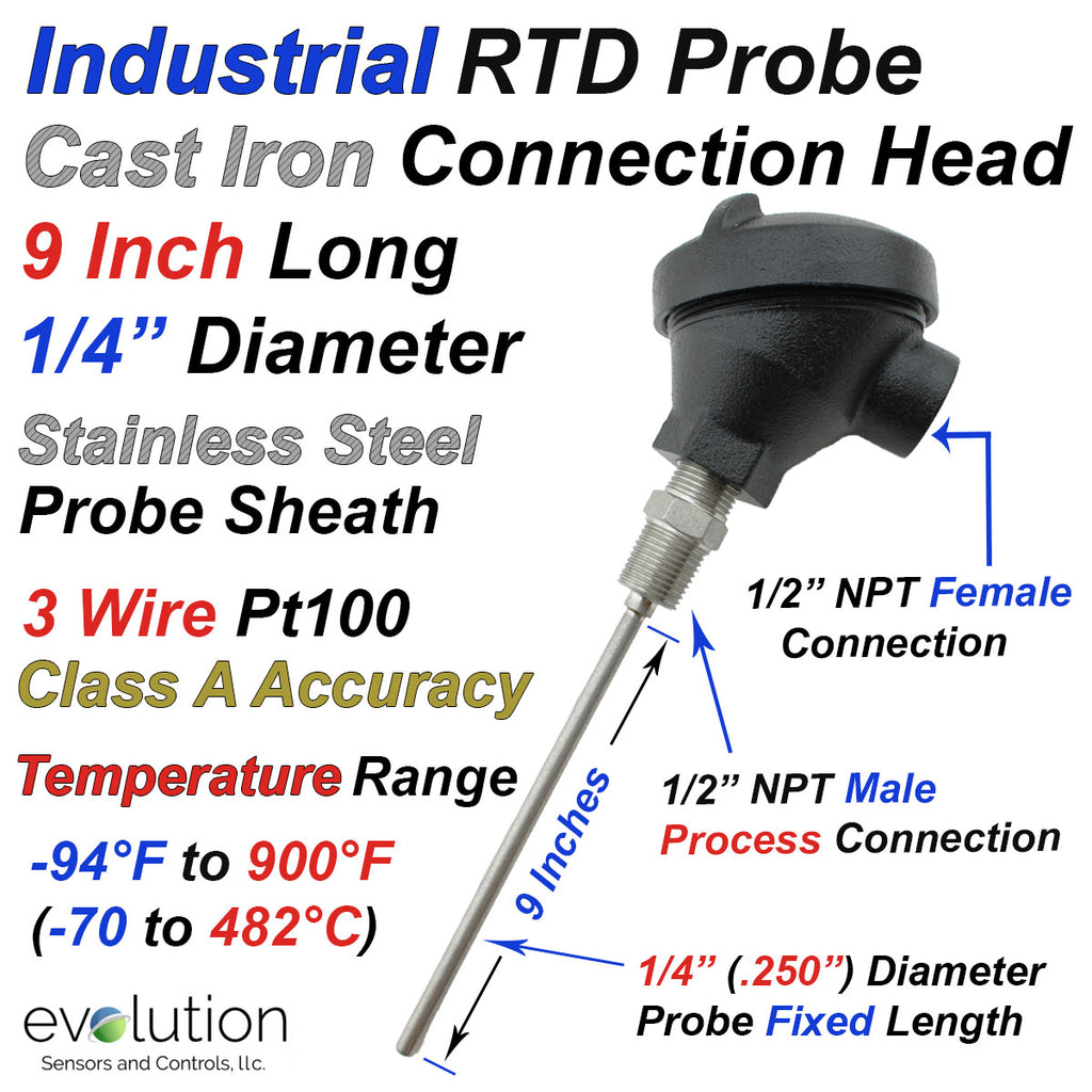 RTD with Cast Iron Connection Head 9 Inches Long 1/4