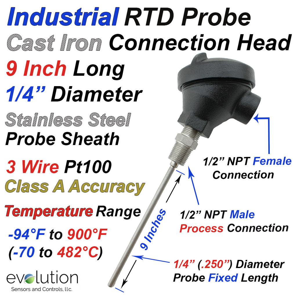 RTD with Cast Iron Connection Head 9 Inches Long 1/4" Diameter