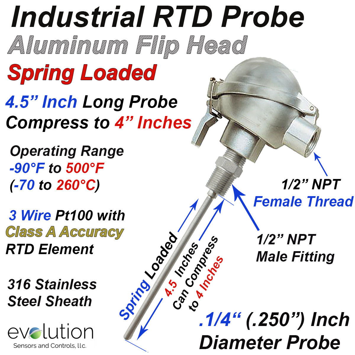 Spring Loaded RTD 4 Inches Long with Aluminum Flip Top Connection Head ...