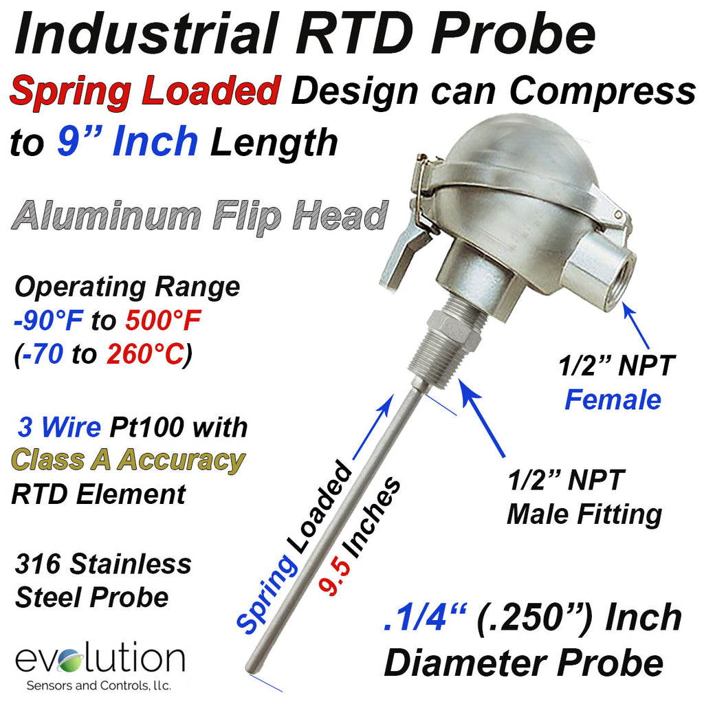 9 Inch Long Industrial RTD Spring Loaded with Aluminum Connection Head