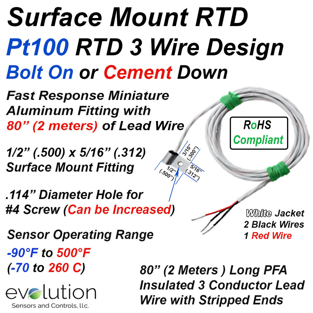 Surface Mount 3 Wire Pt100 RTD with Bolt On Miniature Fitting and Wire Leads