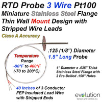 RTD Pt100 Probe for Labs, Test Centers, Commercial Air Flow or Exhaust Hood Temperature Measurement with Stripped Ends