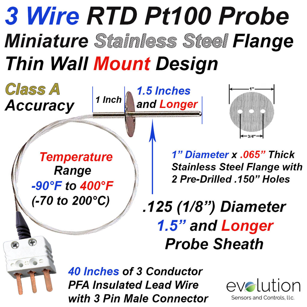 RTD Probe with Thin Circular Mounting Flange for Exhaust Hoods 3 ft of Lead and Miniature Three Connector 