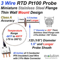RTD Probe with Thin Circular Mounting Flange for Exhaust Hoods 3 ft of Lead and Miniature Three Connector 