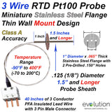 RTD Probe with Thin Circular Mounting Flange for Exhaust Hoods 3 ft of Lead and Miniature Three Connector 