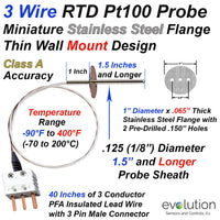 RTD Probe with Thin Circular Mounting Flange for Exhaust Hoods . 3 ft of Lead and Miniature Three Connector 