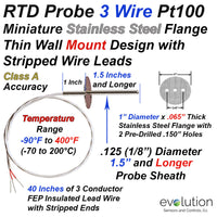 3 Wire Pt100 RTD for Exhaust hoods and Labs with Mounting Flange and Wire Leads