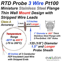 3 Wire Pt100 RTD for Exhaust hoods and Labs with Mounting Flange and Wire Leads