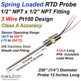 Spring Loaded 3 Wire Pt100 RTD Probe 12 Inch Long 1/4” Diameter Stainless Steel Sheath with 1/2" NPT Fitting and 4 inches Lead Wires