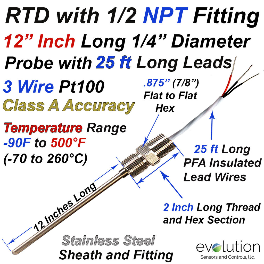 RTD Probe with 1/2" NPT Fitting 12 Inch Long Sheath and 25ft Wire Leads