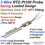 Spring Loaded RTD Probe 6" Long with 1/2" NPT Fittings and Lead Wires