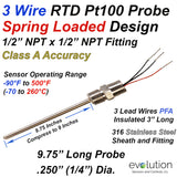 RTD Probe - Spring Loaded 1/4" Diameter with 1/2" NPT Fitting and Lead Wires - 9 Inch or Longer