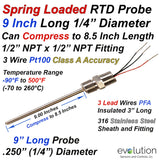 RTD Probe - Spring Loaded 1/4" Diameter with 1/2" NPT Fitting and Lead Wires - 9 Inch or Longer