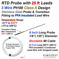 High Temperature RTD Probe with Metal Transition to 25 foot Long PFA lead wire