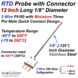 RTD Probe with a 3 Pin Miniature Male Connector - 3 Wire Pt100 Design 12" Inches Long 1/8" Diameter Stainless Sheath