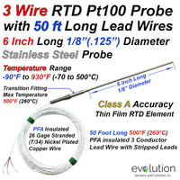 RTD Probe with Metal Transition to 50 foot Long PFA lead wire