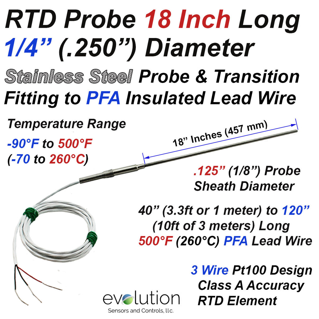 18 Inch Long RTD RTD Probe 1/4" Diameter with Transition Lead Wire