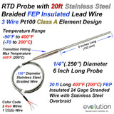 RTD Probe 6 Inches Long with 20ft of Stainless Steel Braided Lead Wire.
