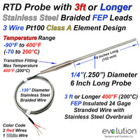 RTD Probe 6 Inches Long with 3ft of Stainless Steel Braided Lead Wire.