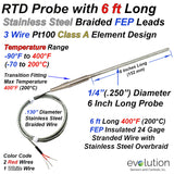 RTD Probe 6 Inches Long with 6ft of Stainless Steel Braided Lead Wire.