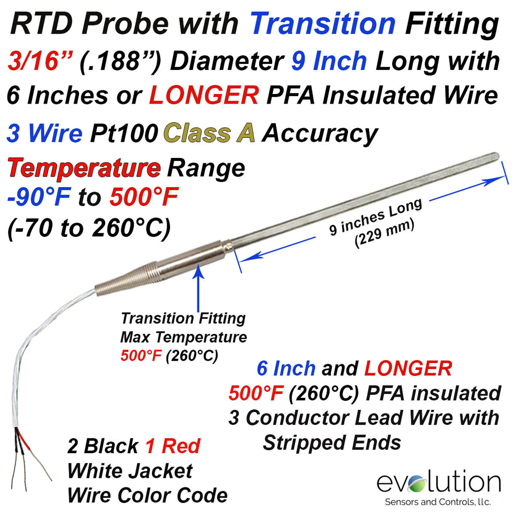 9 Inch Long 1/4" Diameter RTD Probe with Transition to Lead Wire