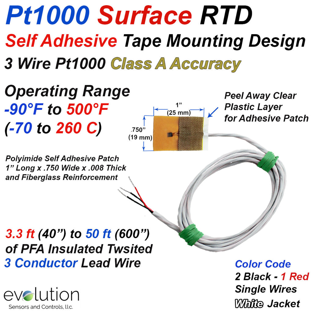 Pt1000 RTD Surface Temperature Sensor Self Adhesive Patch 3.3 ft to 50ft Leads