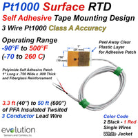 Pt1000 RTD Surface Temperature Sensor Self Adhesive Patch 3.3 ft to 50ft Leads