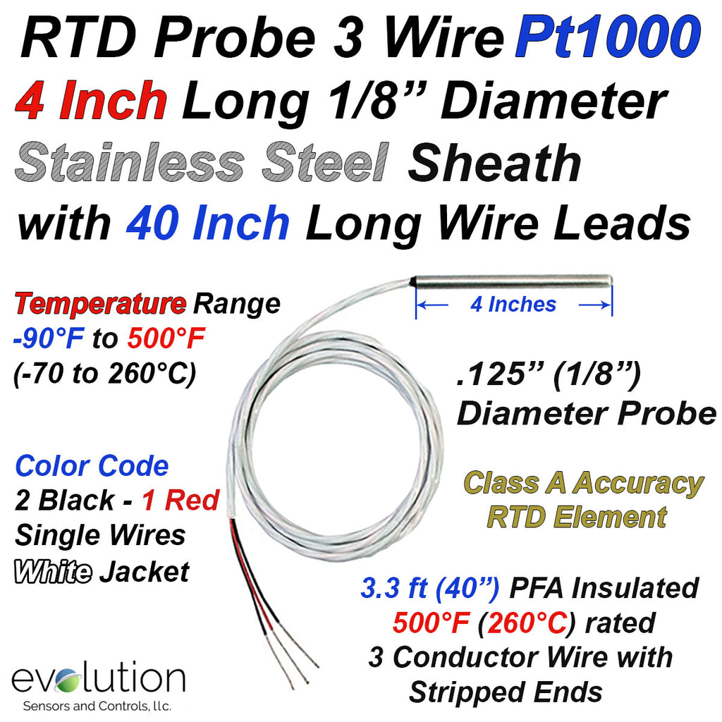 RTD Probe 3 Wire Pt1000 Design 4 Inches Long 1/8