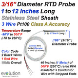 3 Wire Pt100 RTD Probe 3/16" Diameter 1 to 12 Inches Long with Wire Leads