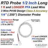 1/2" Long 3 Wire Pt100 RTD Probe with 1/4" Diameter Sheath and 1 ft or LONGER of PFA Lead Wire