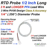 1/2" Long 3 Wire Pt100 RTD Probe with 1/4" Diameter Sheath and 3 ft or LONGER of PFA Lead Wire