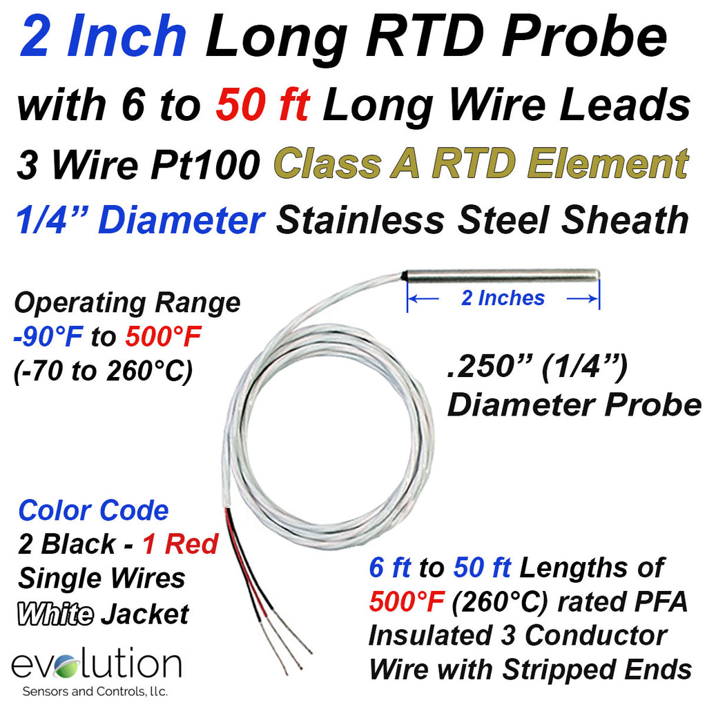 3 Wire Pt100 RTD Probe 2 Inches Long with 6 to 50 ft of Lead Wire