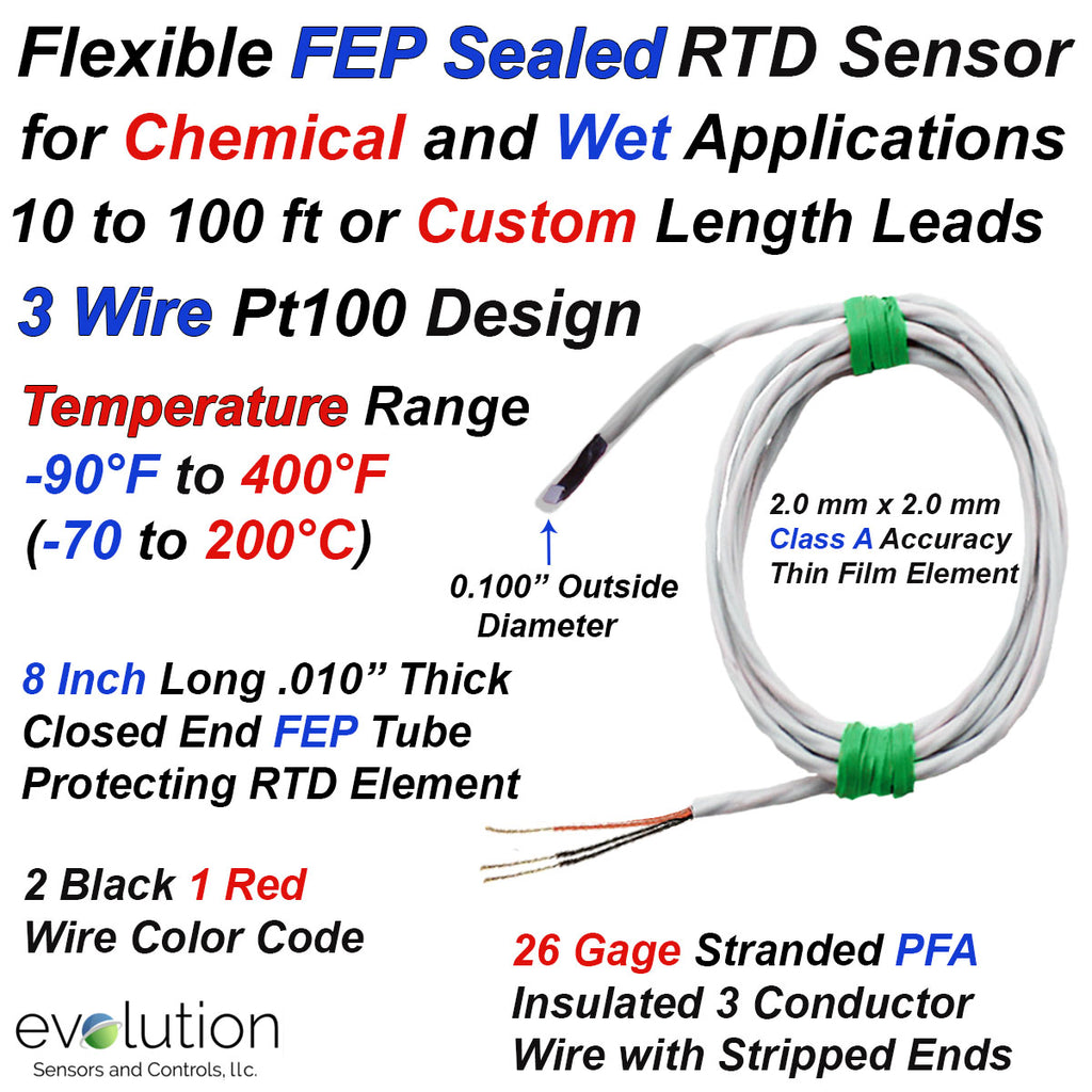 Flexible FEP Sealed 3 Wire RTD Sensor for Wet and Chemical Application ...