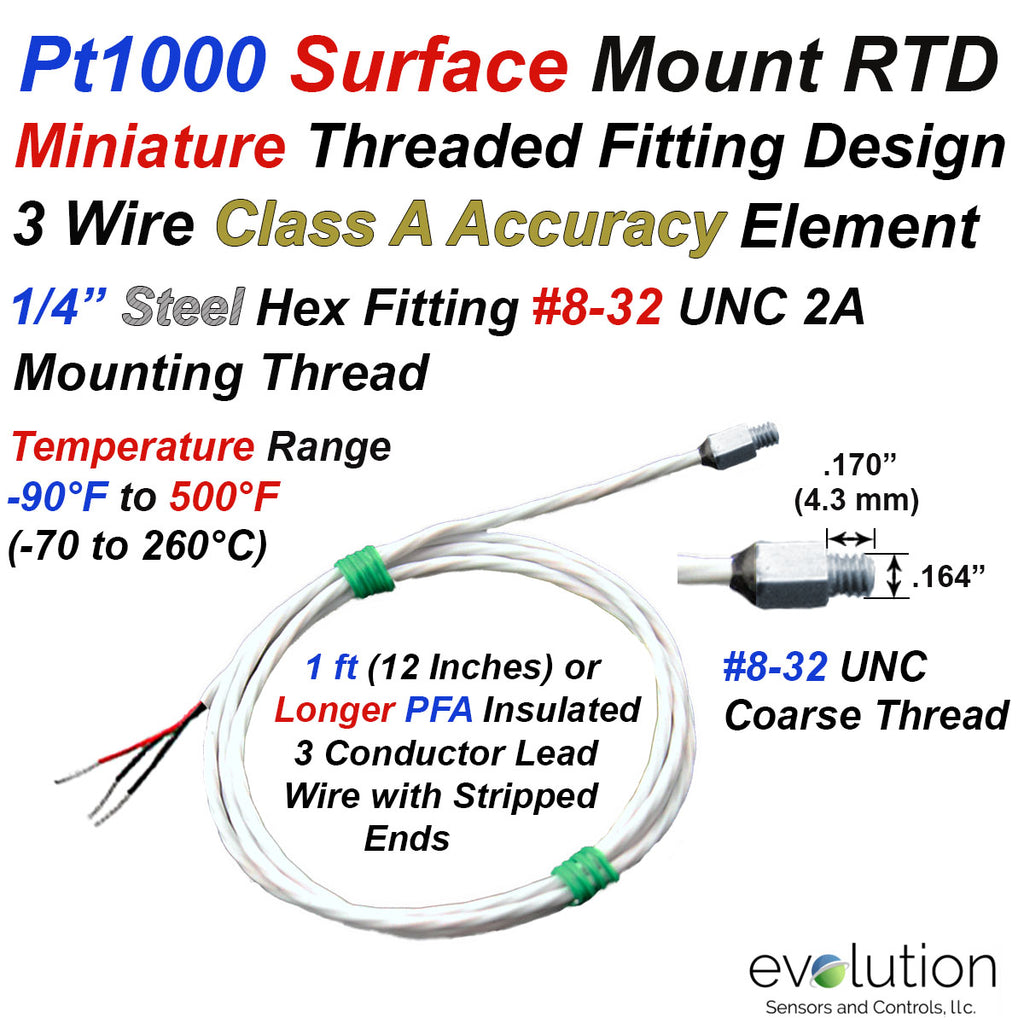 Pt1000 Surface Mounted RTD Temperature Sensor with Miniature Steel Threaded Fitting and Stripped Wire Leads