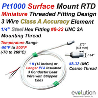 Pt1000 Surface Mounted RTD Temperature Sensor with Miniature Steel Threaded Fitting and Stripped Wire Leads