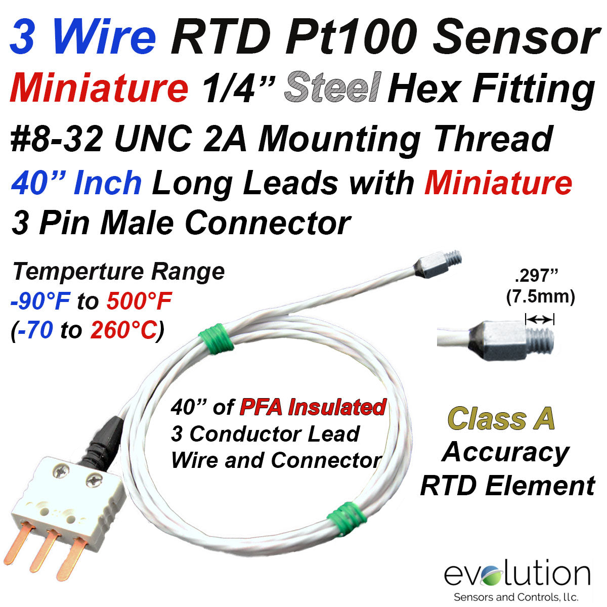 Potted Leads In Rtd RTD Sensor with Miniature Threaded Fitting | Evolution Sensors and Controls