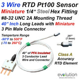 RTD Pt100 Sensor - Miniature Fitting PFA Lead Wire and Mini 3 Pin Male Connector