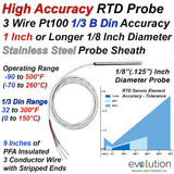 High Accuracy RTD Probe 1 Inch or Longer 1/8" Diameter Stainless Steel Sheath with PFA Insulated Lead Wire