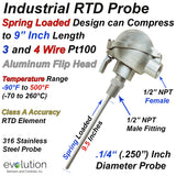 9 Inch Long Industrial RTD Spring Loaded with Aluminum Connection Head. 3 and 4 Wire Pt100
