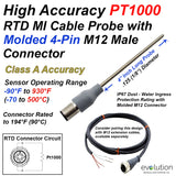 PT1000 Class A RTD Probe - 1/8" Diameter 4" Inch Long Stainless Steel Sheath and 4 Wire Molded M12 Connector