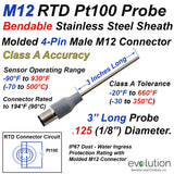 4 Wire Pt100 RTD Probe with M12 Molded Connector 1/8" Diameter 3" Long