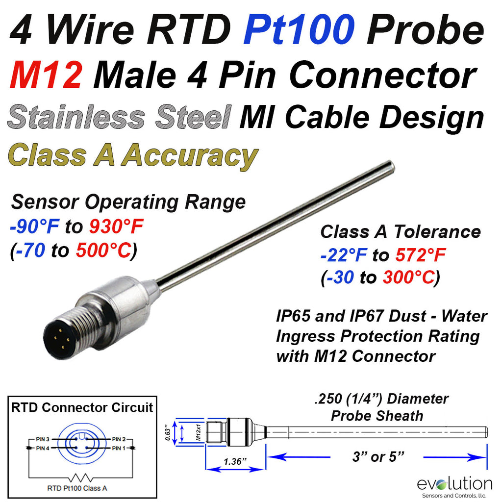 4 Wire Class A Accuracy PT100 RTD Probe with M12 Metal Connector 3" or 5" Long x 1/4" Diameter Stainless Steel Sheath