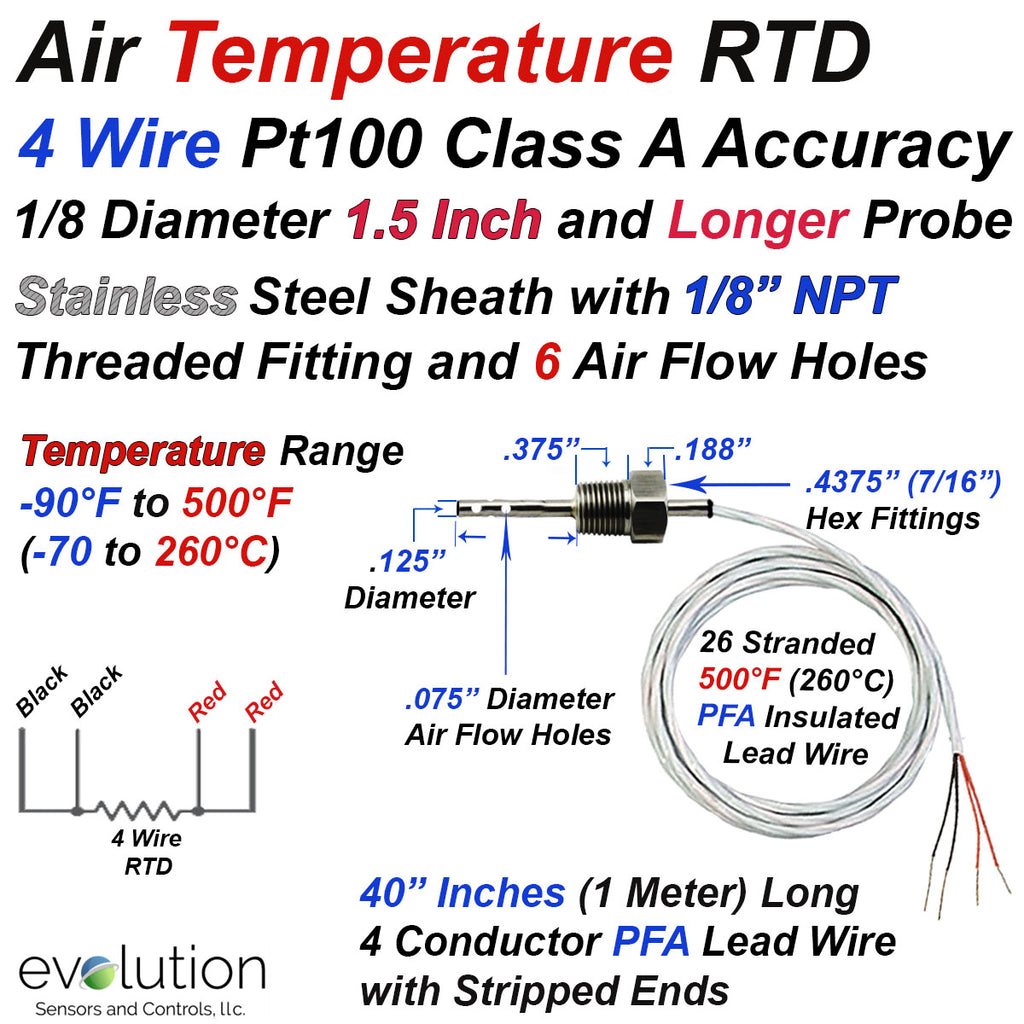 4 Wire Pt100 RTD Air Temperature Probe Integral 1/8 NPT Fitting with a 1/8” Diameter 1.5 Inches and Longer Probe and 40 Inches of PFA Lead Wire with Stripped Ends