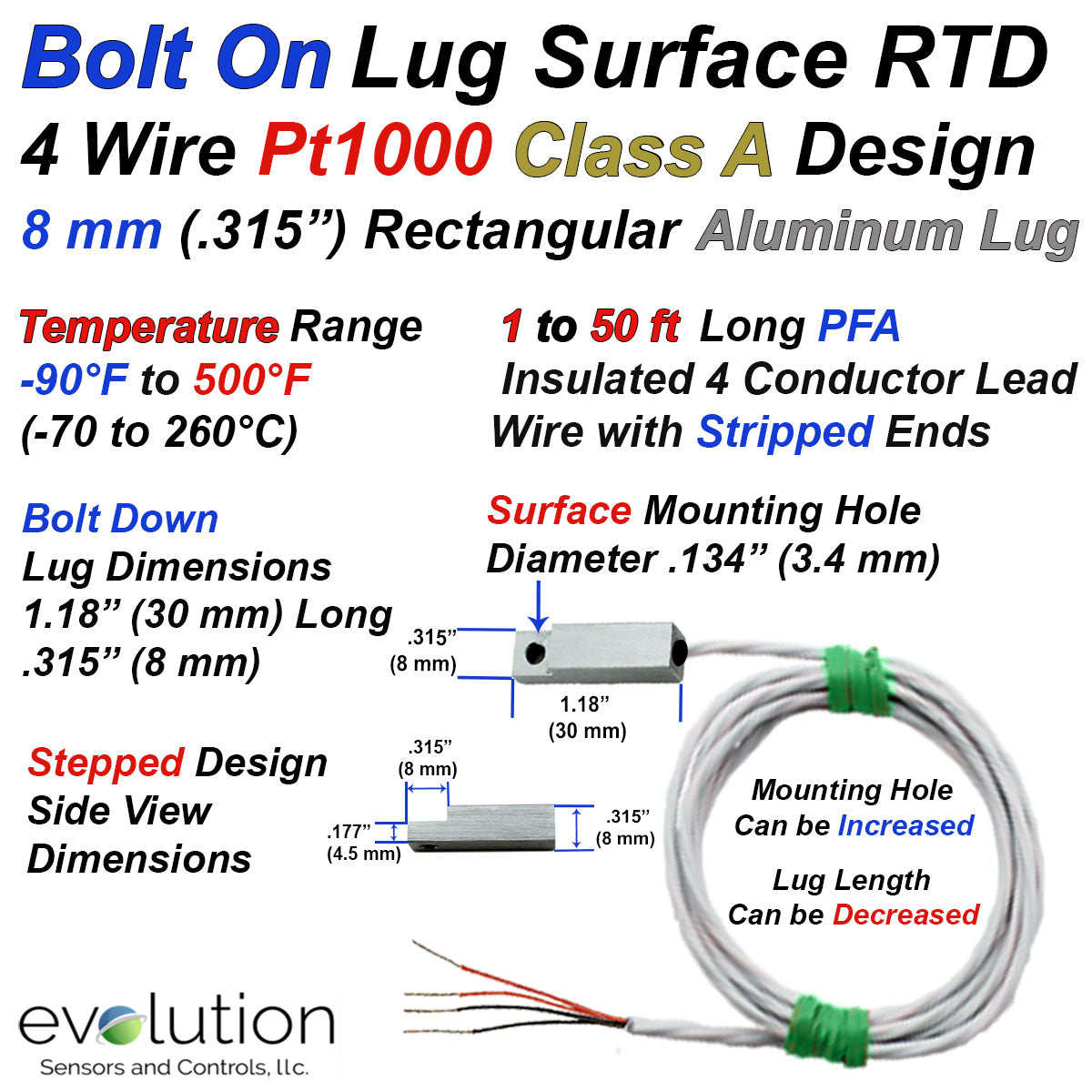 Rtd Sizes RTD Surface Temperature Sensor with Aluminum Bolt On Lug | Evolution ...