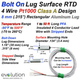 Surface RTD Temperature Sensor 4 Wire Pt1000 with Bolt On Aluminum Lug with 1 to 50 Ft Long PFA Insulated Wire Leads