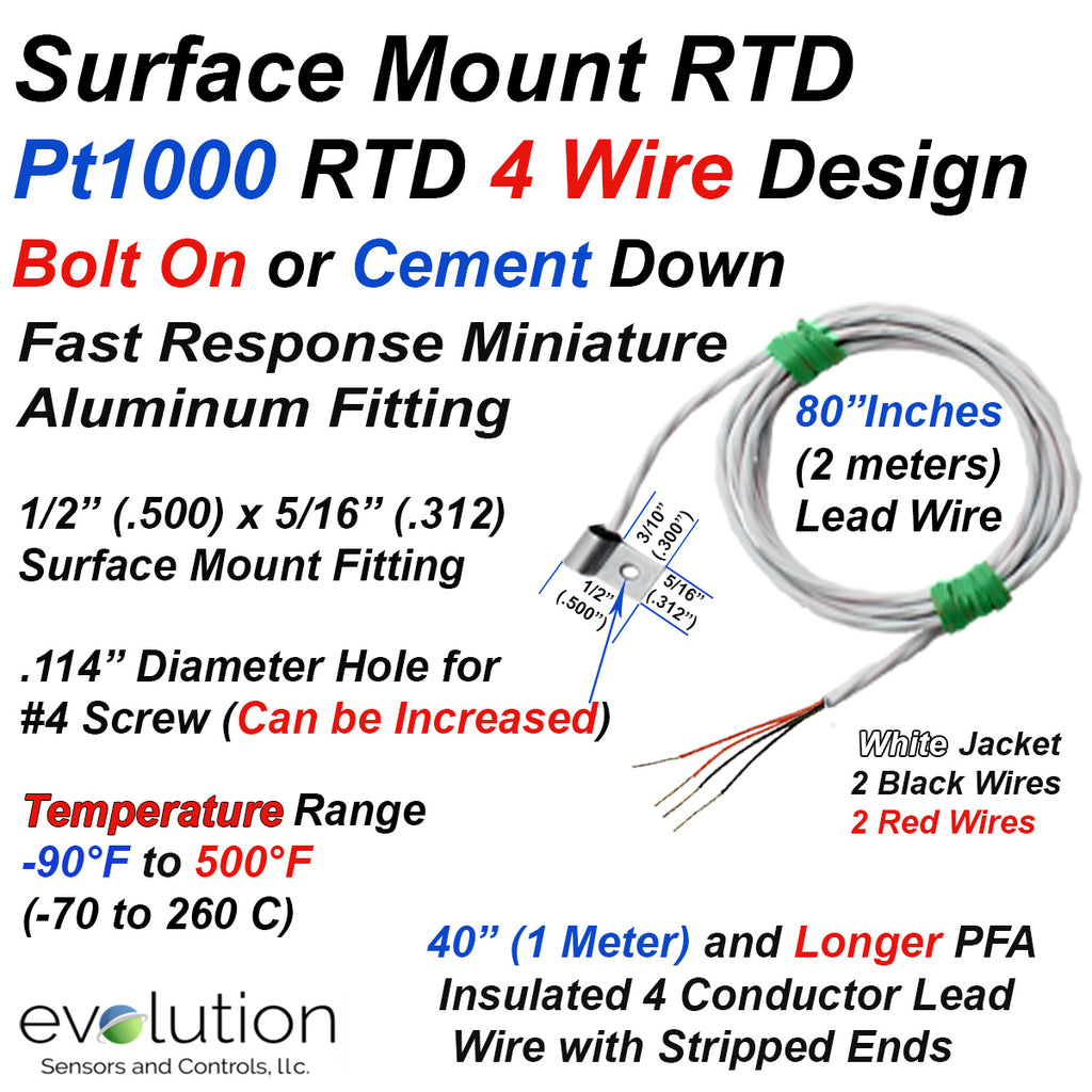 4 Wire Pt1000 (Platinum 1000 ohm) Bolt On Surface Mount RTD with Leads