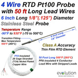 4 Wire RTD Probe High Temperature 1/8" Diameter 6" Long with 50ft Long Wire Leads