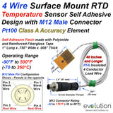 4 Wire Pt100 Surface Mount RTD with Self Adhesive Patch and 40 Inches and Longer of PFA Lead Wire with a M12 Male Circular Connector