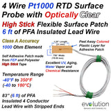 4 Wire Pt1000 (Platinum 1000 Ohm) RTD Surface Temperature Sensor with Flexible Self Adhesive Patch Design and 6 plus ft (2 meters) of Lead Wire