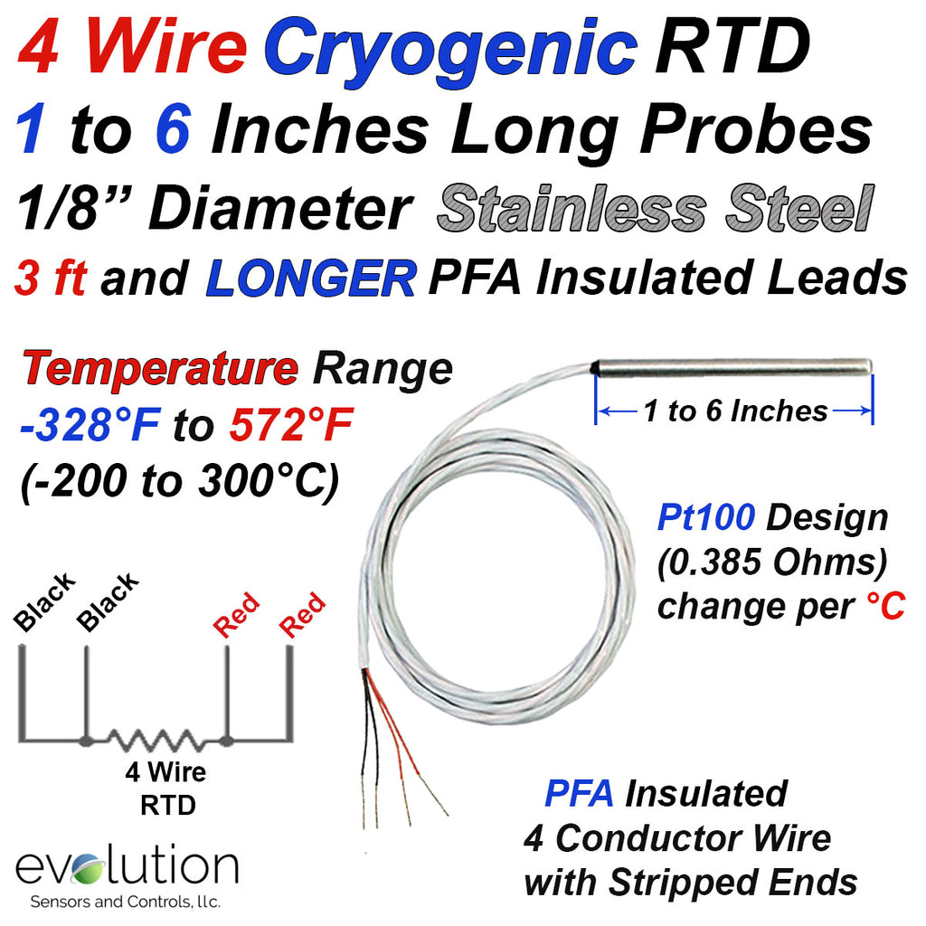 Cryogenic RTD Probe 1 Inch and LONGER 1/8" Diameter with Lead Wire